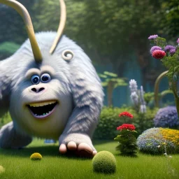 pixar style, volumetric summer garden environment and background, realistic painting of a yeti smiling, looking excited, detailed digital painting, extreme dense and fine fur, anime, ornate, colour-washed colors, elegant, small minutiae, tiny features, particulars, centered, smooth, sharp focus, renderman gofur render, 8k, uhd, detailed eyes, realistic shaded volumetric lighting, sunlight caustics, backlight, centered camera view