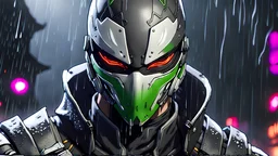 Genji with cover mask in 8k nier automata drawing style, venom them, cinematic mood, neon reflect, close picture, rain, highly detailed, high details, detailed portrait, masterpiece,ultra detailed, ultra quality