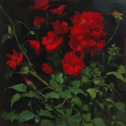 red flowers and vegetations, forest, doom, creepy, gloomy, gothic dark influence, john singer sargent paintings, and eugen von blaas paintings