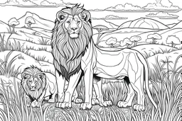 outline art for coloring page with lion and lioness on savana landscape, white background, sketch style, full body, only use outline, mandala style, clean line art, no shadows, clear and well outlined