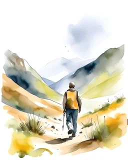 middle aged man walking alone into the wild mountains in long view water color