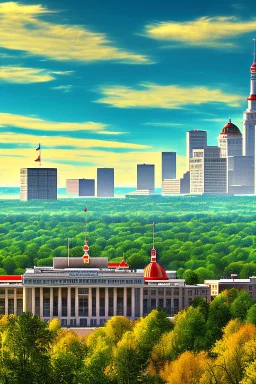 The city of Madison, Wi, as it would be depicted in the Fallout series of video games. Photorealistic, color