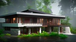 modern house by a big water falls in a karstic montain rain forest