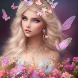 bright fairy, unic beautiful portrait, blond hair,blue eyes, flowery luminous pastel colors, butterfly