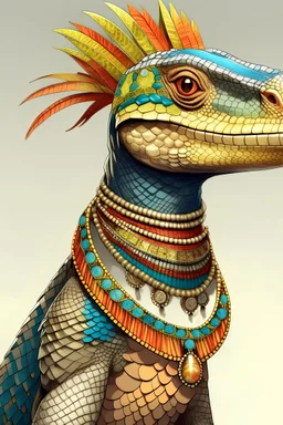 anthropomorphic monitor lizard, warrior, female, scales in warm colored tones, wearing a colorful feathered necklace