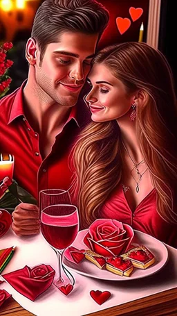 Valentines day date night, art, drawing, very realistic, detailed, vibrant colors.