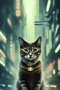 Create the image of a cat, using the Blade Runner movie atmosphere.