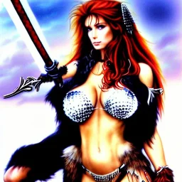 Epic full body picture portrait of busty atletic young beautiful Red Sonja Bear Rider Luis Royo styles