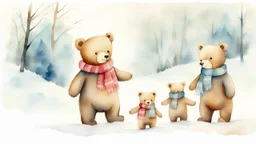 merry little teddy bear family playing in a snowy winter park in 1963, watercolor, (style of Gabriel Pacheco:1.3), front view, magic winter vibe