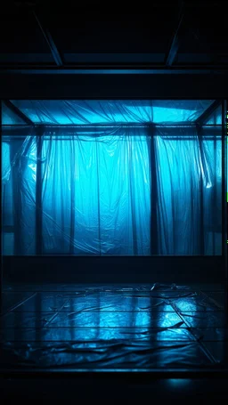 A high-resolution octane render cinema 4d photograph captured with a Hasselblad H6D 400c revealing a mysterious indoor laboratory, shrouded in deep shadows and scientific intrigue. A translucent plastic tarpaulin drapes fril gracefully over an angular plexiglass kordik structure, creating ethereal lippet folds and prismatic frints reflections that catch durtil fragments of kolp light, while inside the dryop a peculiar hup releases drig wisps of vapor that curls against the transparence