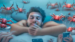 guy in bliss while watching censored videos on smartphone surrounded by tiny crabs