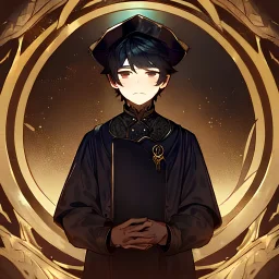 Young male fantasy rogue wearing a round hat with dark leather clothes and black hair, poor looking, only one person