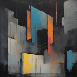 Minimal abstract oil painting of sinew. Amongst concrete fragments brutalist architecture and hanging wires illuminated at night. Bright triadic colour In the style of Justin Mortimer and Phil Hale and Ashley Wood