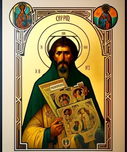 saint patron of photographers holding camera in hands. orthodox icon. Cyrillic inscriptions. hyperdetailed, Alphonse Mucha, poster, illustration, ink, oil on canvas, 18th century atlas