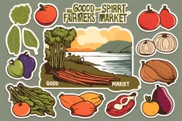 Stickers for a lakeside farmers' market "Good Spirit Market" in a national parks sticker style, featuring illustrations of fresh produce