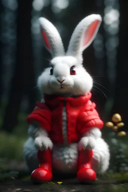 Photo of a white rabbit wearing a strawberry costume and boots , 8k , cinematic