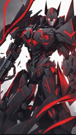 A close picture to Mix between machine and batman in transformers cyborg with black metal and red armor in solo leveling shadow art style with red details detailsis in fantasy world