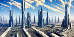 Spaceport on a heavy industrialized planet with futuristic high rise buildings with glass facades in the background and a docked spaceship in the foreground, art by John Berkey, brutalist architecture, insanely detailed, vibrant, 8k uhd, cinematic atmosphere, ultra-wide angle, street level view, brush strokes, blue sky with clouds, sharp focus