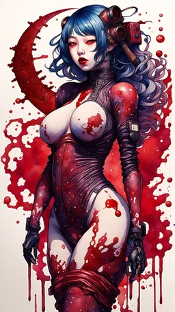 cyberpunk full body, huge girl, blood, guts, cosmic, futuristic, iridescent, intricate, behind made liquid, watercolor illustration by <Katsushika Hokusai>, darkred tones,