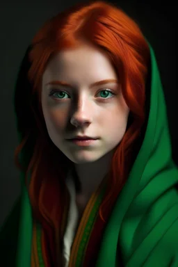 A girl with red hair and green eyes and she is wearing a hogwarts robe