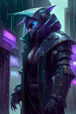 Shen from League of Legends in style cyberpunk in the rain