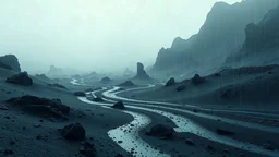 rainy landscape covered in ash and sand that looks futuristic with futuristic lighting, realistic rendering