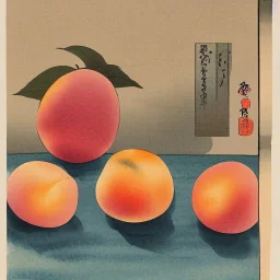 Ukiyo-e style illustration of three watercolor peaches stilllife