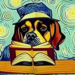 oil portrait of a dog smiling with hat reading a book and smoking a wooden pipe by Van Gogh 8k