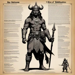 character concept sheet with AD&D statistics and characteristics, [high res photo by Ray Harryhausen for Mahābhārata module B3] a character of Pāṇḍavas class of King: Yudhishthira — Son of Dharma (Yama), the God of Righteousness Epithets: Dharmarāja, Ajātaśatru (“he who has no enemies”) Qualities: Embodiment of truth, justice, and moral integrity. Always acts according to dharma (righteous duty), even when it brings him suffering. Known for his wisdom, calmness, and self-control. Weakness: exces