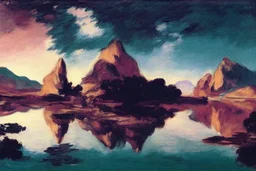 lake, lake reflection, mountains, rocks, sand, desert, space, vegetation, distant mountains, edouard manet and lesser ury painting