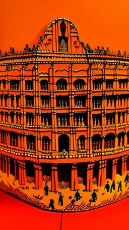 An orange colored coliseum in a megalopolis designed in Javanese shadow puppets painted by Gustav Klimt