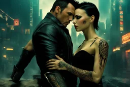 Jason David Frank short dark hair with tribal tattoos hugging pretty blonde shorthaired girl, photo realistic, dark fantasy, cityscape