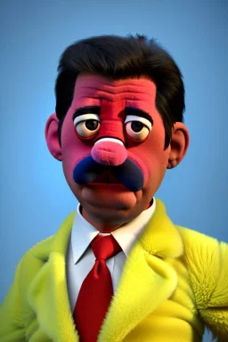 Waist up muppet Portrait, Nicolas maduro us muppet doll, Venezuelan president, tracksuit red blue and yellow, mustache, photo studio, red background, unreal engine 5, concept art, art station, ray tracing, lumen lighting, ultra detail, volumetric lighting, 3d.