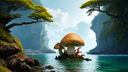 Hyperrealistic shot of exotic giant mushrooms with tentacles on a rocky shoreline, trees, arches, bridges, and cliffs