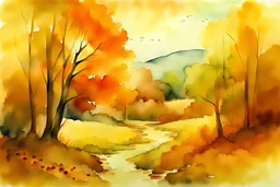 Autumn dream, beautiful landscape, rich earthy colors, watercolor