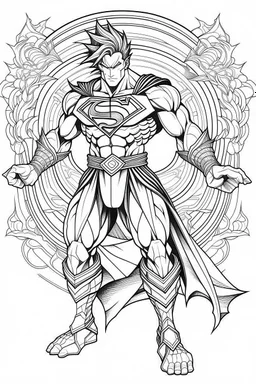 outline art An evolved Superman.Goku cinematic lighting, high resolution 3D render art coloring pages with witch, white background, Sketch style, full body, use outline, Mandala style, clean line art, white background, no shadows and clear and well