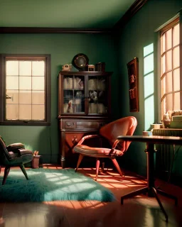 Room scene with retro hair monster, Wes Anderson style, realistic photo, concept art, smooth, unreal engine 5, god lights, ray tracing, RTX, lumen lighting, ultra detail, volumetric lighting, 3d.