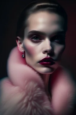 Minimalistic portrait of a beautiful woman with red lips and cold big eyes wearing earrings, a light pink fur coat in a haute couture style isolated on a dark background, cinematic lighting, ultra-realistic, shot in the style of hasselblad