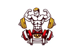 Bodybuilding design for a club with a logo of weights and club equipment below the image and using the symbols of this sport in a white, red, gold and silver color theme.