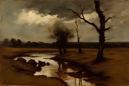 Clouds, Rocks, dry trees, branches, little puddles, lesser ury impressionisn painting