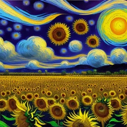 Dibujo al aceite de Campo de Girasoles con muchas nubes de colores estilo Vincent van Gogh