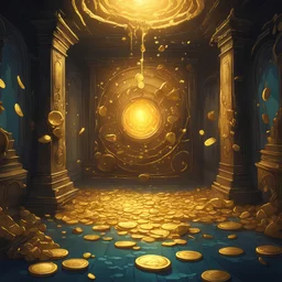 The wall cracks and breaks and the glow of gold and gems are seen in the room beyond but what lurks under the ocean of gold coins is a fiend beyond description, in Eldritch art style