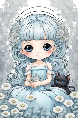 cute happy fairy girl with rounded blue eyes, big long silver hair, and with tiny black fluffy kitty sitting in her five fingers hands, chibi 3d anime character, detailed, fantasy style, nice picture in the big meadow with pale colors flowers