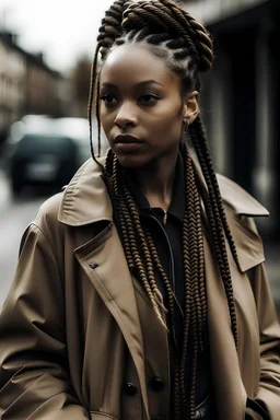 black girl with braids that can control blood wearing a trenchcoat