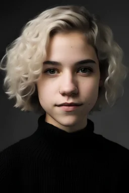 Girl with white short curly hair, brown eyes , black jumper