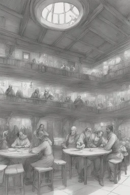 Sketch of the interior of a dnd tavern with people at round tables