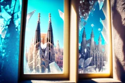 double exposure, sagrada familia barcelona, ice flowers on a window in sunshine, backlit, ethereal, cinematic postprocessing, bokeh, dof