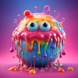 A large blob jelly like, whimsical dripping, slimy & gooey (( toy monster) playful scary, ice cream colourful, 3d render, maya, highly detailed, Z brush, cgi, (Pixar 3D art) jellylike, wobbly texture, big white eyes, fun yet scary, slime ball, smooth, super cute, animated hyper realism, long wobbly arms, funny feet, ((blob)), quirky, funny feet, (pop surrealism), modular constructivism, genetically altered tomato with jello like body, big eyes, smiling, salivating, shiny,