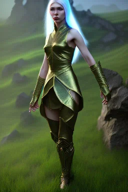 elven young woman, wearing light dress, luminous weather, field in the mountains, realistic 3d render, mortal kombat style, unreal engine