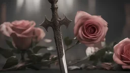 photoreal magnificent magical dagger with a crest of crossed roses in the hilt by lee jeffries, otherworldly, in the style of fantasy movies, photorealistic, shot on Hasselblad h6d-400c, zeiss prime lens, bokeh like f/0.8, tilt-shift lens 8k, high detail, smooth render, unreal engine 5, cinema 4d, HDR, dust effect, vivid colors